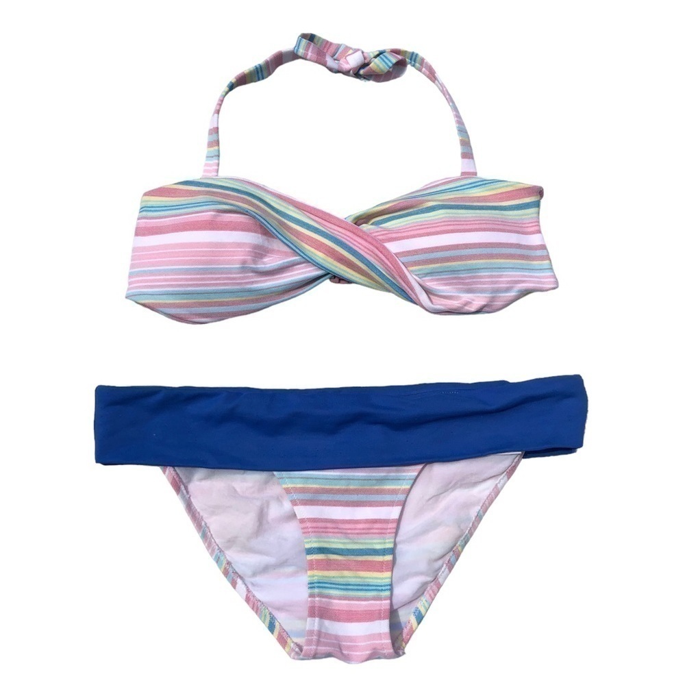 NEW - PEZ D'OR Maternity Pink, Yellow, Blue Striped Twist Top Bikini Set Size M